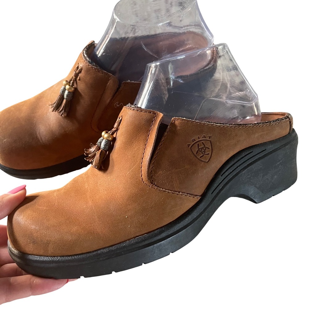 Ariat Leather Clogs Women‎ 8B Tan Western Boho Tassel Wedge Platform Mules 93891